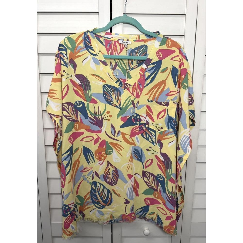 Jodifl Boho Floral Tropical Fringe Oversized Poncho Top Women's Size Large NWT